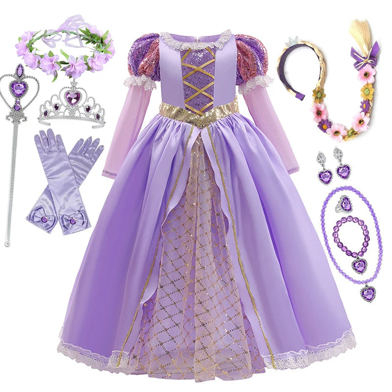 Girls' Rapunzel Princess Costume Dress | Kids Tangled Cosplay Carnival Disguise Gown | Short-Sleeve Ankle-Length Birthday Party Outfit for 2-10 Years Luxegan