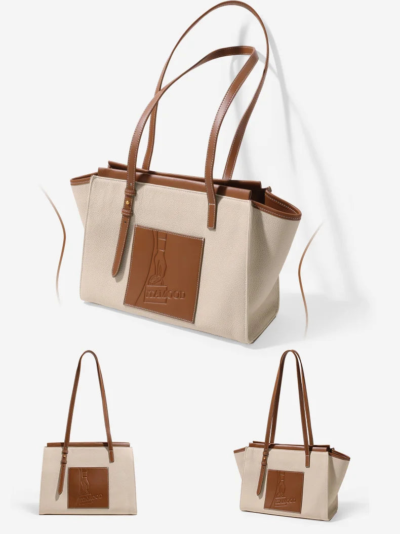 Women’s Vintage Canvas Laptop Bag | Premium Cow Leather Briefcase & Shoulder Bag | Large Capacity "Cartoon Printing" Work Tote | Sophisticated Valentine's Day Gift for Professionals (Model MD22CT9172) Luxegan
