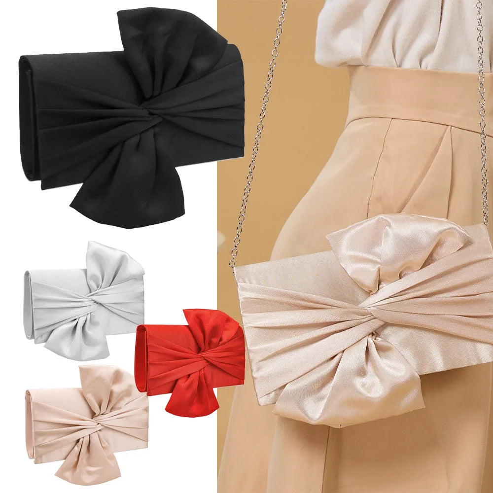 Polyester Pleated Clutch | Fashion Elegant Bowknot Satin Wedding Evening Bag Luxegan