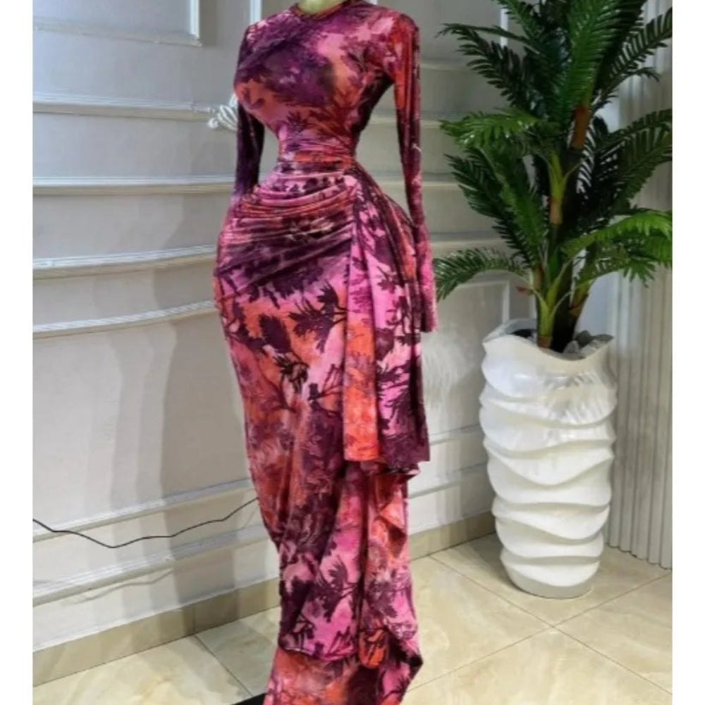 Women's Tie-Dye Ruched Ribbon Long Sleeve Maxi Dress Luxegan