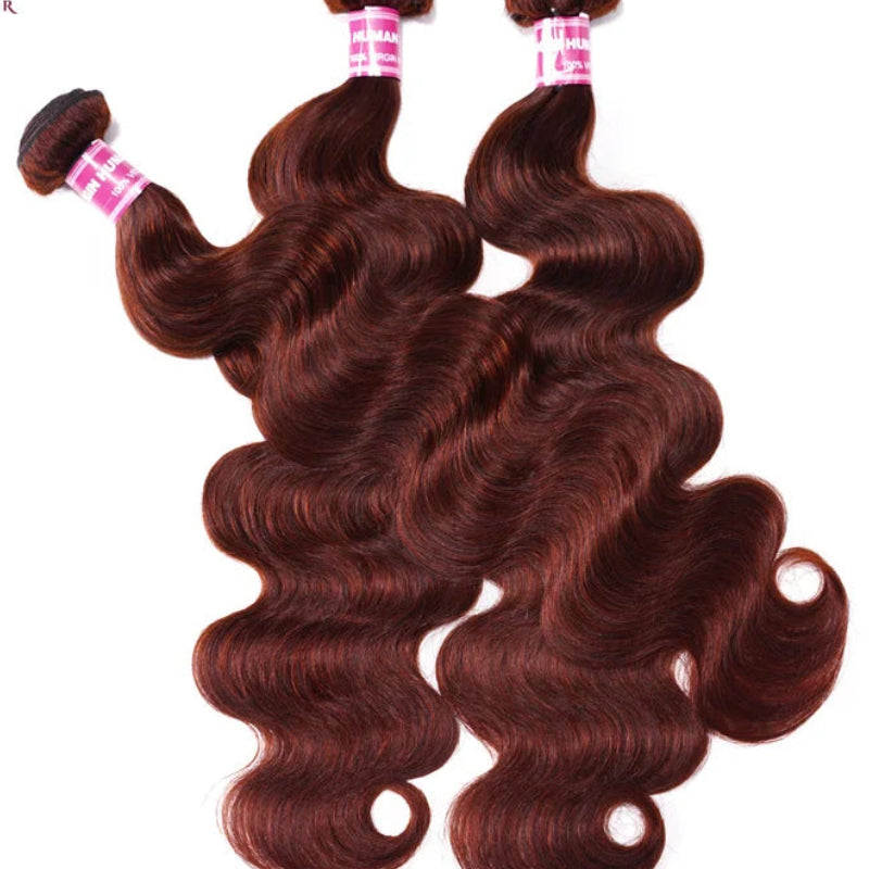 Grade 12A Reddish Brown Human Hair Bundles with Closure | Premium Brazilian Body Wave 3 Bundles with 4x4 Lace Closure | Luxury Colored Remy Human Hair Extensions | Safe to Perm Standard 4-Piece Complete Hair Matrix Luxegan