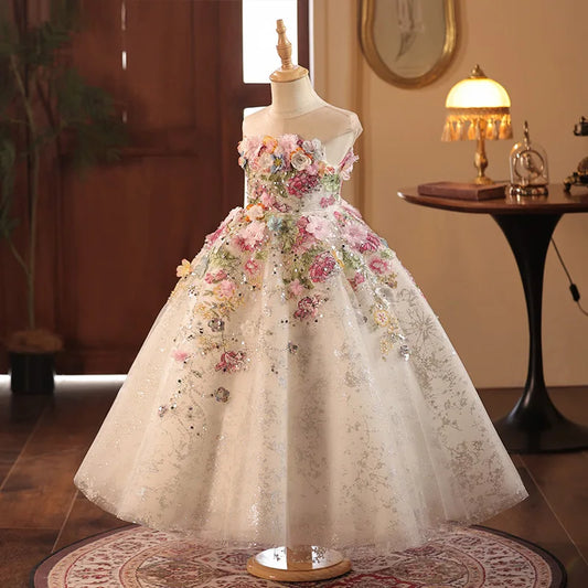 Vestido de princesa para fiesta de cumpleaños, actuación de piano, desfile de la pequeña anfitriona, con diseño de flores, estilo bosque francés de alta gama para niñas