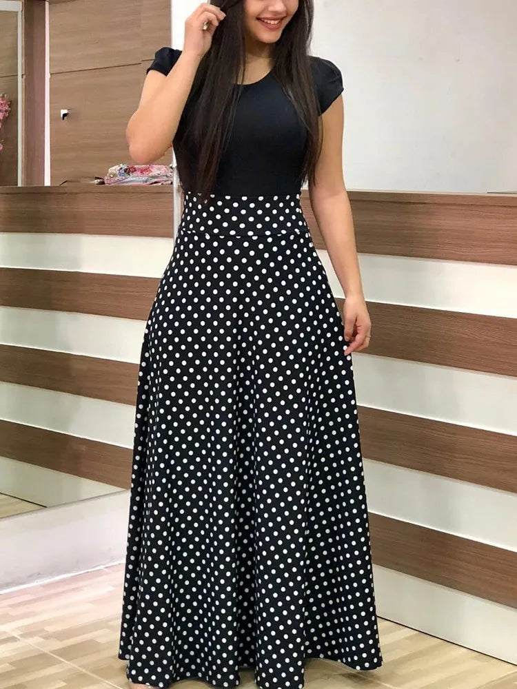 Print Round Neck Regular Fit Straight Ankle-Length Dress – Short & Long Sleeve Options, Spring/Summer