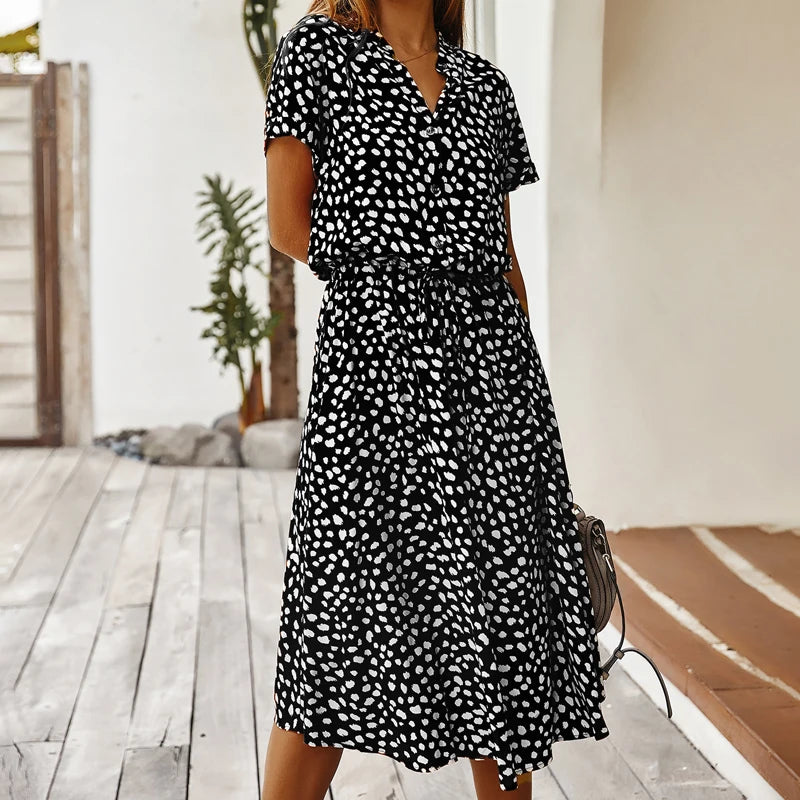 Polka Dot Short Sleeve A-Line Dress – Button Front, Knee-Length, Summer Casual Luxegan