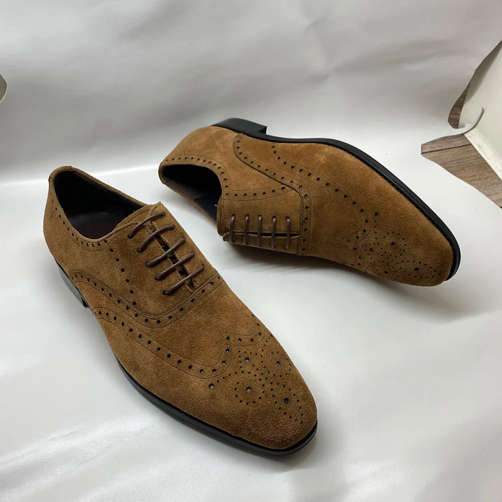 4 Colors Luxury Men's Genuine Leather Cow Suede Brogue Oxfords | Carving Design Casual & Wedding Dress Shoes Luxegan