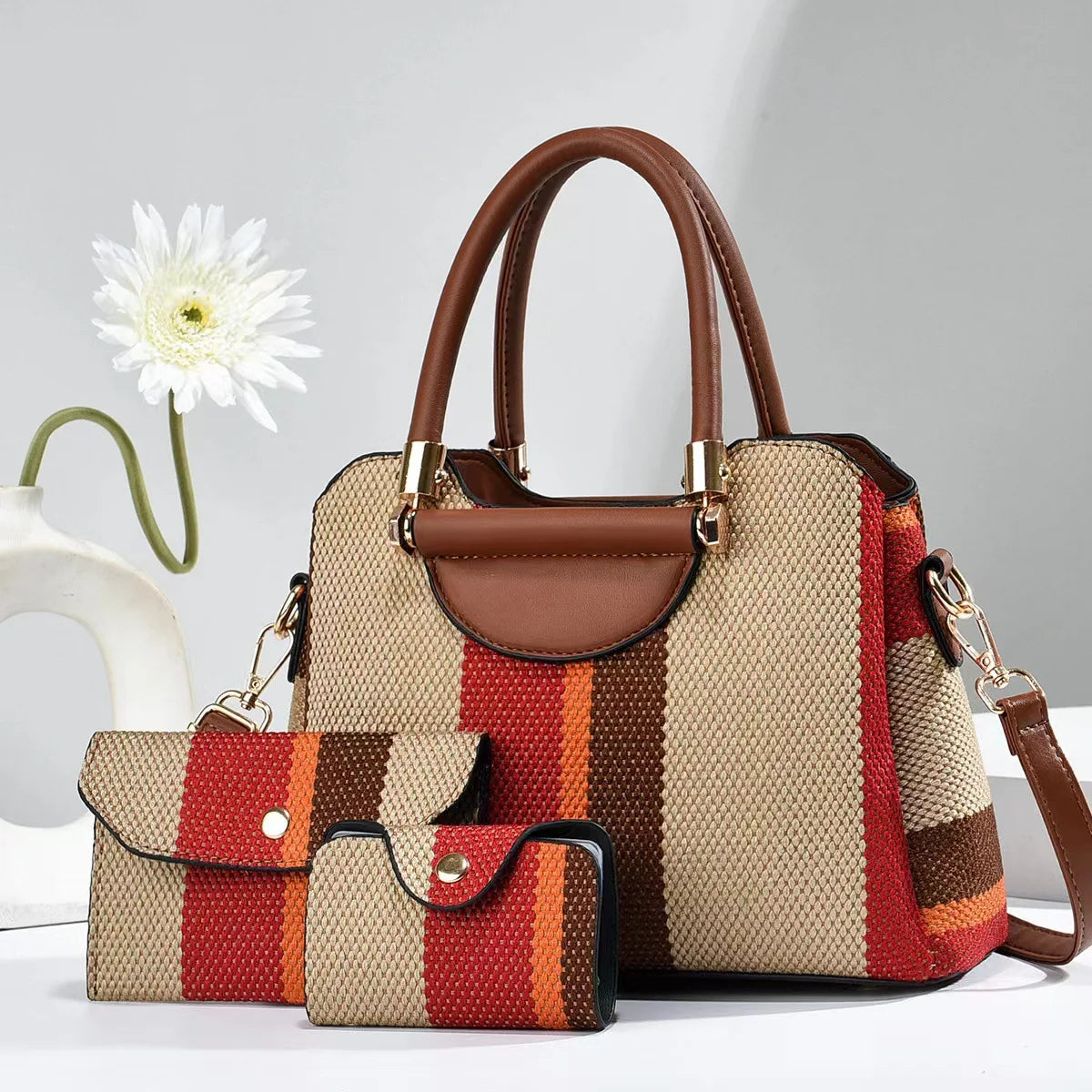 3-Piece Set Fashion Women's Handbags | Striped Leather Totes & Top-Handle Bag Luxegan