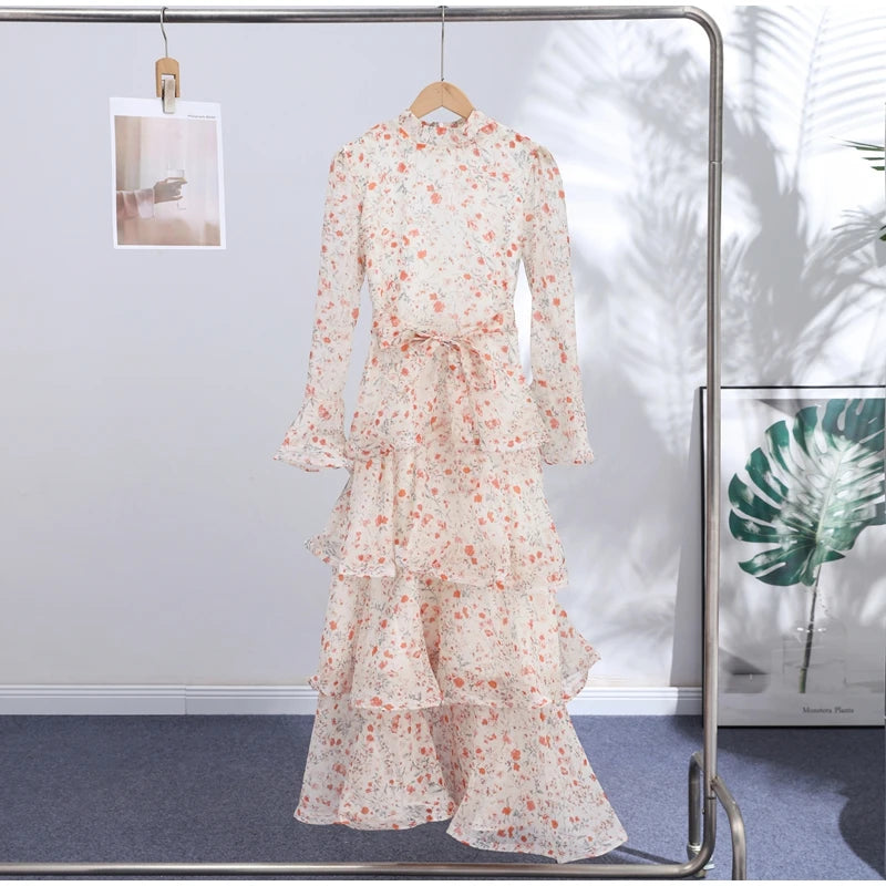 Hand-Painted Floral Print Round Neck Long Sleeve Loose Fit Maxi Dress – Natural Waist, Spring/Summer Luxegan