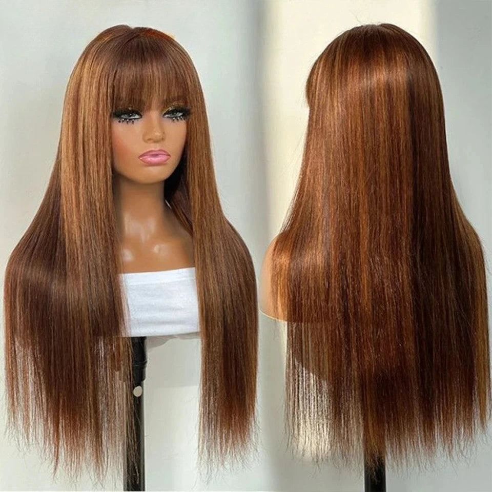 Highlight P4/30/27 Brazilian Straight Human Hair Wig with Bangs – 100% Remy | Full Machine Made | 16–28 Inch