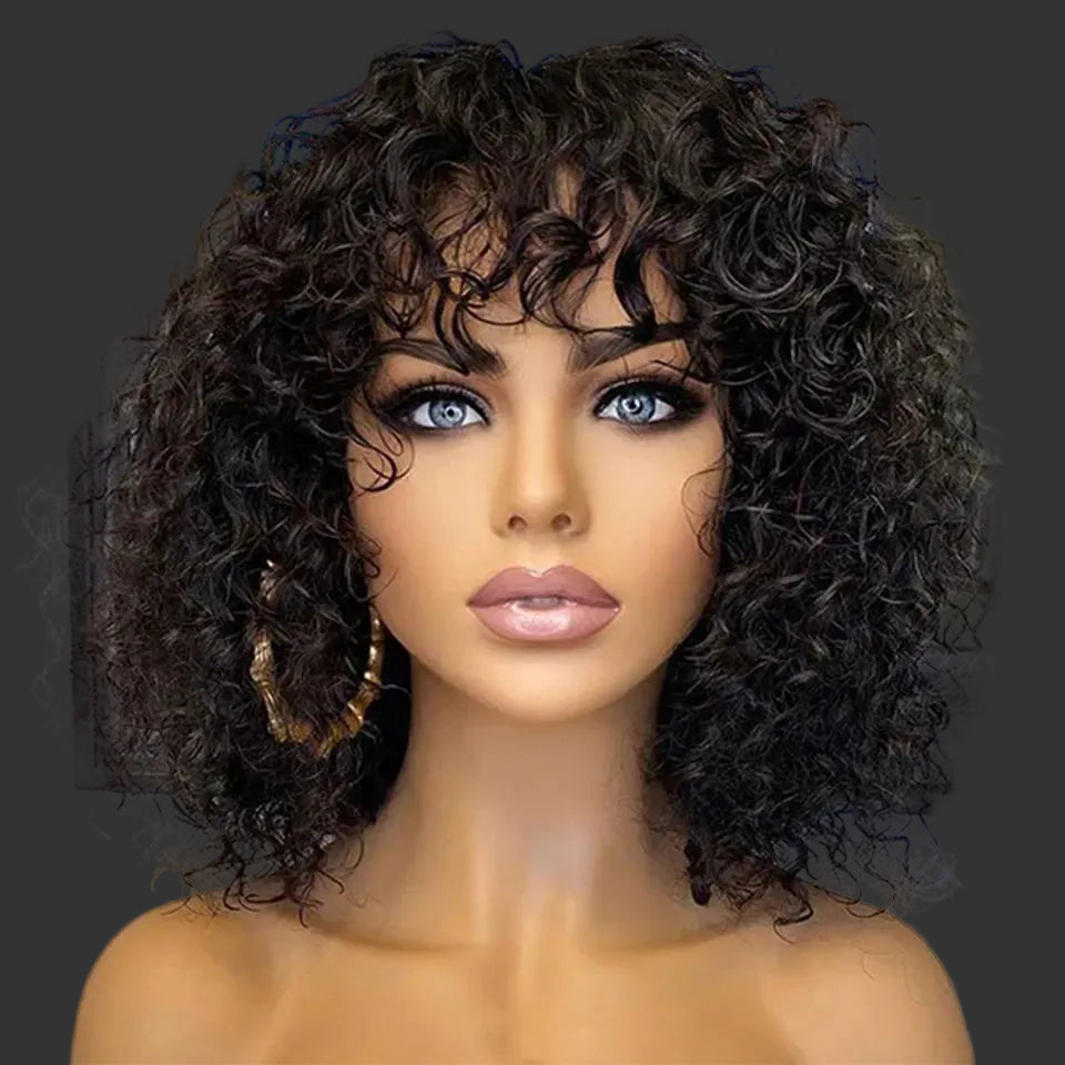 Short Curly Pixie Bob Human Hair Wig with Bangs | Glueless Full Machine-Made Water Wave Wig | 100% Brazilian Remy Human Hair Fringe Bob for Women (10-16 Inch, Natural Black) Luxegan