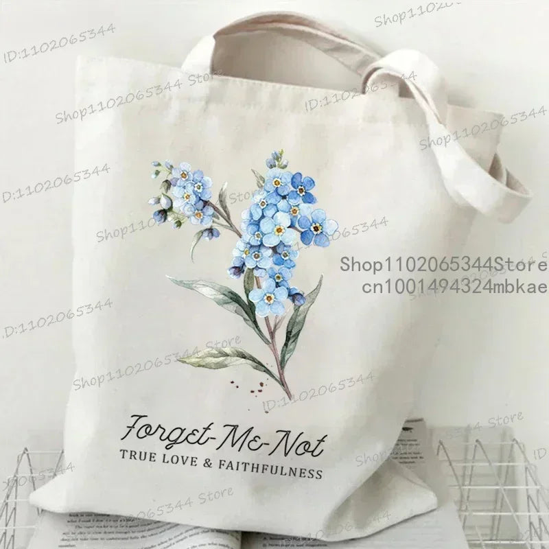 Myosotis Alpestris Canvasa Tote Bag for Women “Forget Me Not” Handbag Aesthetics Flower Shopper Bags Female Bohemia Shoulder Bag Luxegan