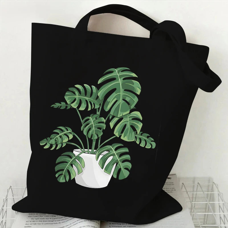 Monstera Plant Print Canvas Shopping Bag | Unisex Casual Large Capacity Shoulder Bag | Eco-friendly Reusable Grocery Shopper Tote