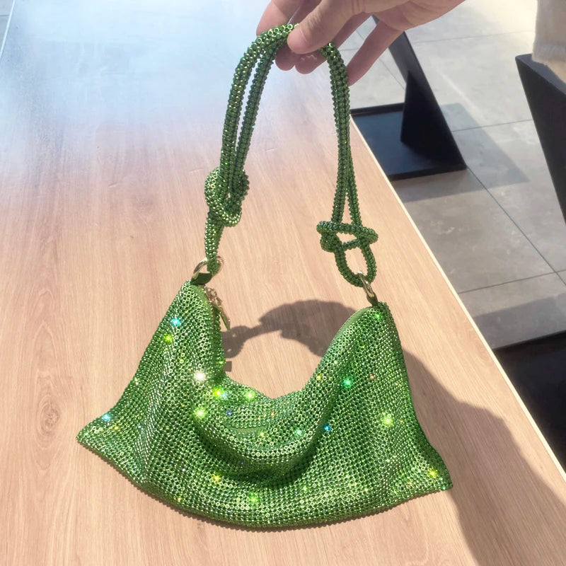 Luxury Designer Rhinestone Hobo Bag | Handmade Shining Crystal Evening Clutch | Metallic Silver - view 5