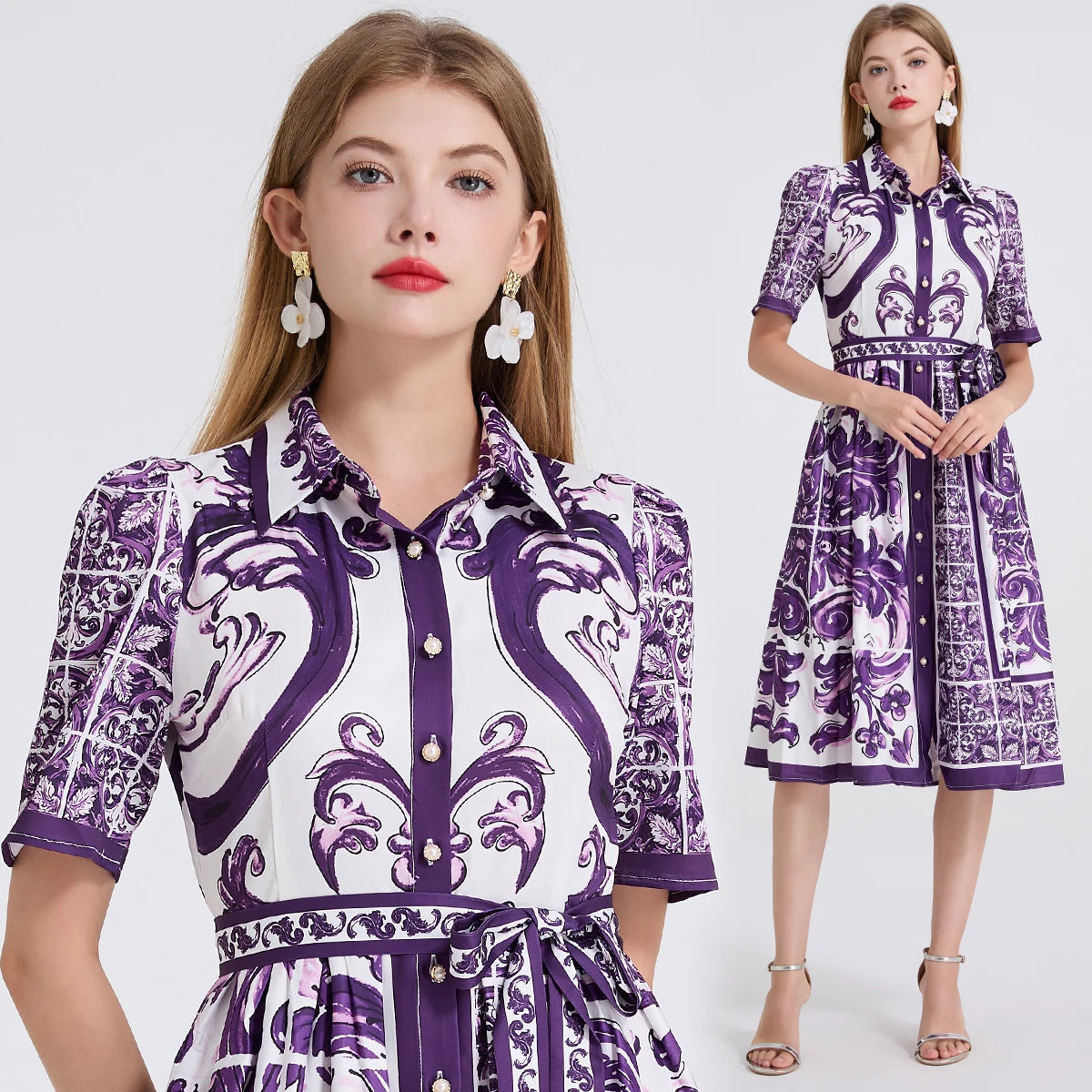 Floral Print A-Line Shirt Dress – Turn-Down Collar, Belted, Short Sleeve Luxegan