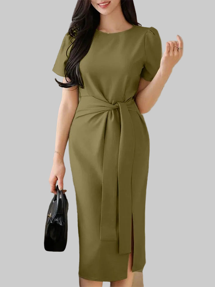 Lace-Up Sash Midi Dress | Short Sleeve O-Neck Sheath Office Elegant Sundress Luxegan