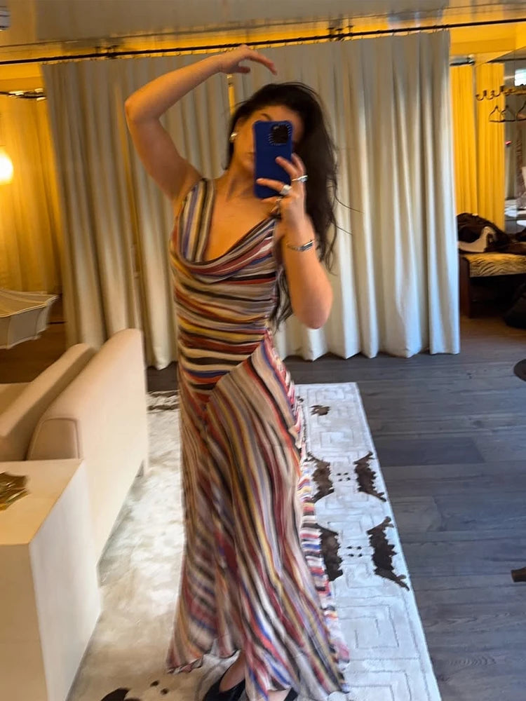 2026 Women Colorful Wavy Striped Maxi Dress Chic Swinging Collar Sleeveless Slim Waist Holiday Dresses Summer Lady Vacation Robe