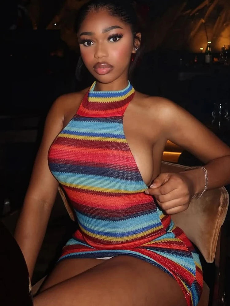 Striped Patchwork Bandage Halter Mini Dress | Sexy Backless Off-Shoulder Bodycon | Streetwear Slim Fit Medium Stretch Sheath Luxegan