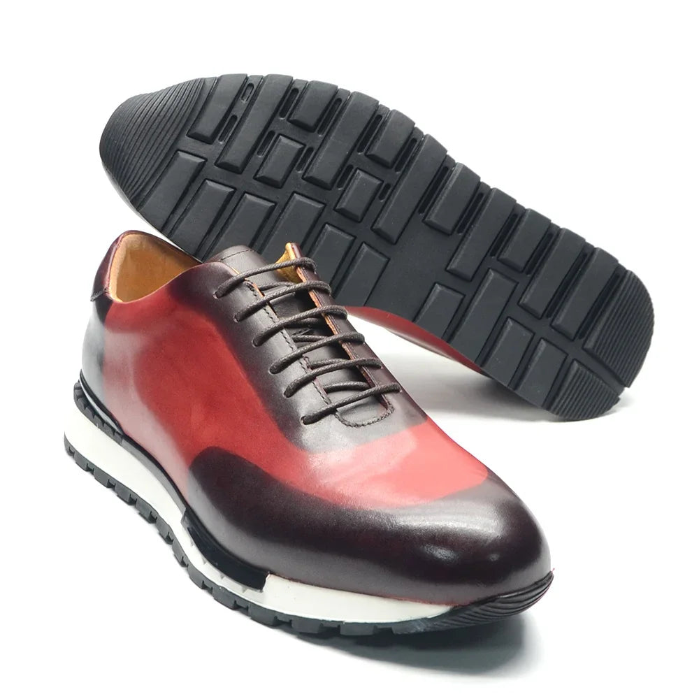 Luxury Genuine Leather Oxford Sneakers | Sophisticated Hand-Painted Whole-Cut Design | Elegant "Red-Dark Brown" Lace-Up Male Footwear | "Dignified" Handmade Sheepskin Insole Shoes for Radiant Versatile Styling Luxegan
