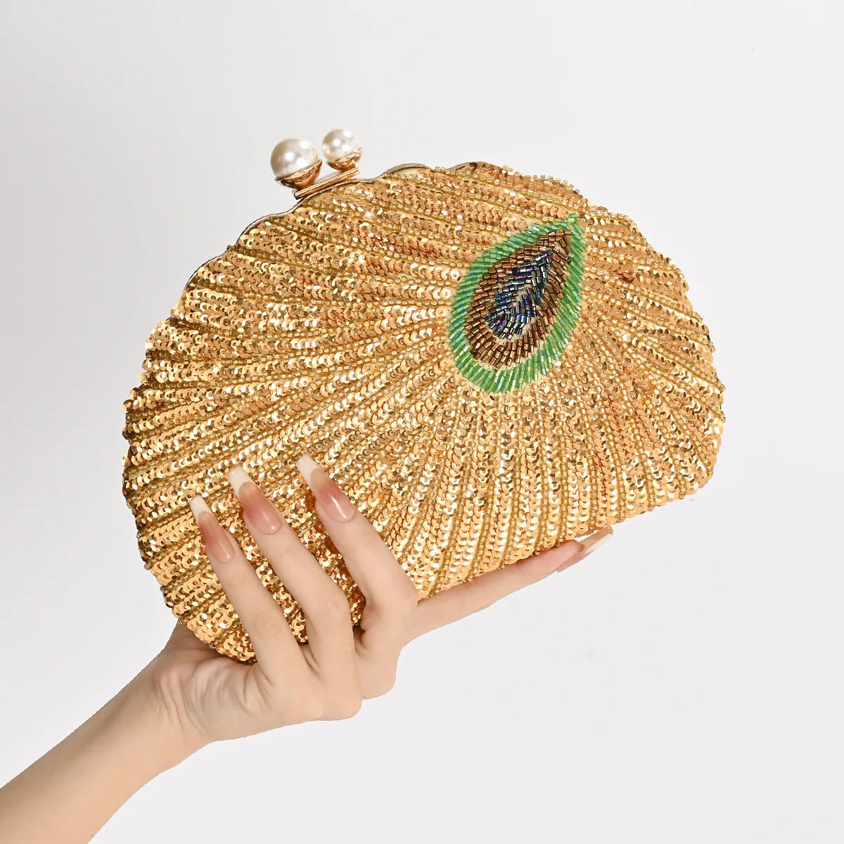 Retro Embroidery Sequin Shell Clutch | Sophisticated "Bowling Shape" Silhouette | Luxury Designer Evening Handbag | "Dignified" High-Performance Polyester Essential for Radiant Versatile Styling Luxegan
