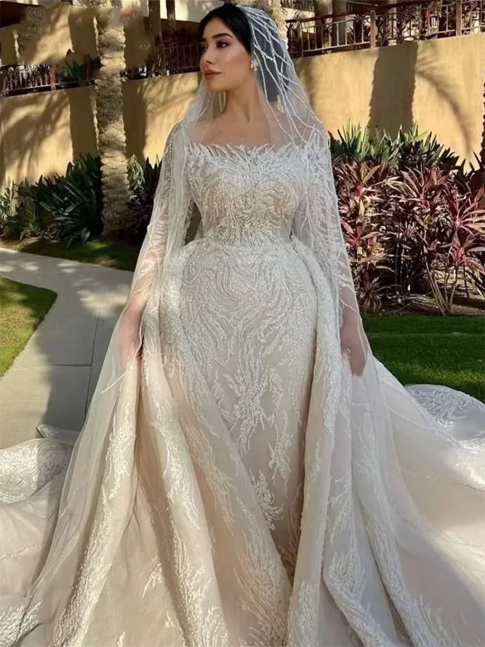 Customized Long Sleeve Mermaid Wedding Gown | Sophisticated "Luxury Sequined" Silhouette | Beaded Bridal Dress with Detachable Train | "Dignified" High-Performance Tulle Vestidos for Radiant Versatile Styling Luxegan