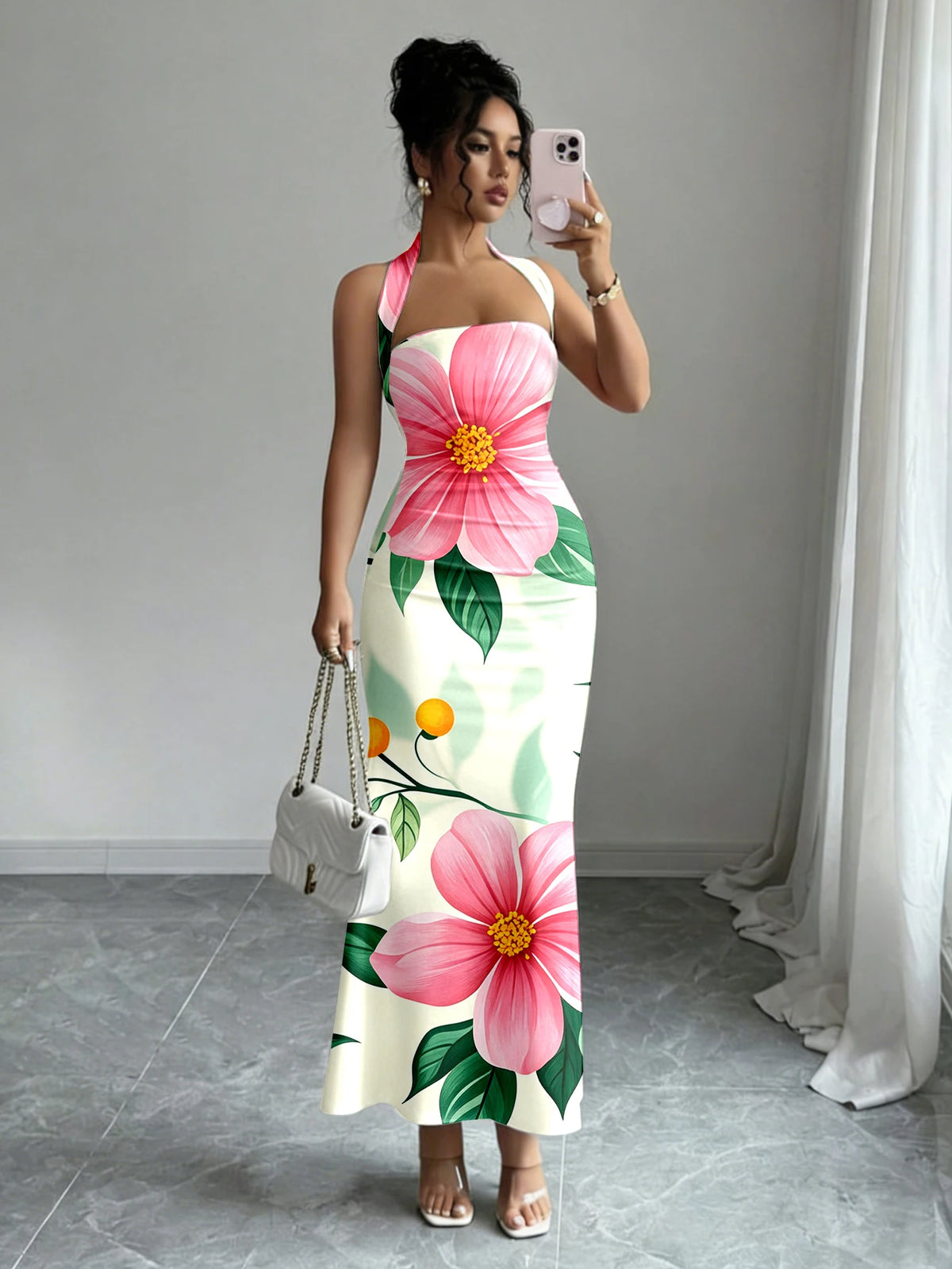 Print Slash Neck Spaghetti Strap Sleeveless Zip Detail Regular Fit Sheath Ankle-Length Dress – Slight Stretch Polyester-Elastane, Summer Luxegan