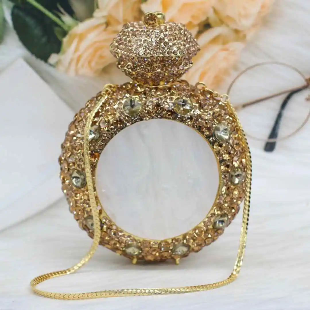 New Design "Big Diamond Ring" Evening Bag | Luxury Bridal Wedding Rhinestone Clutch | Elegant Circular Gold & Silver Handbag | Glamorous Sequined Dress Purse (Model DR521) Luxegan