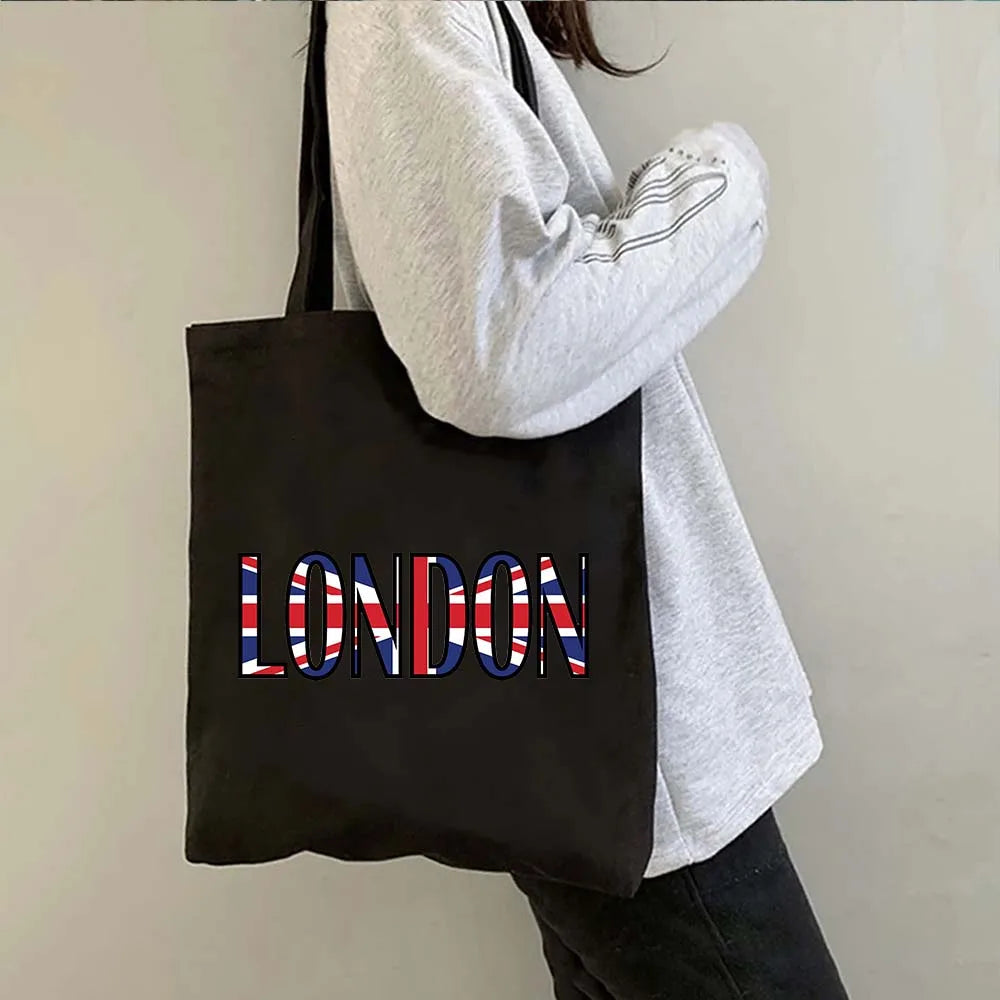 London Big Ben England Map Flag Canvas Tote Bag | UK City Landscape Skyline Shoulder Shopping Handbag (Women's Tourist Gift) Luxegan