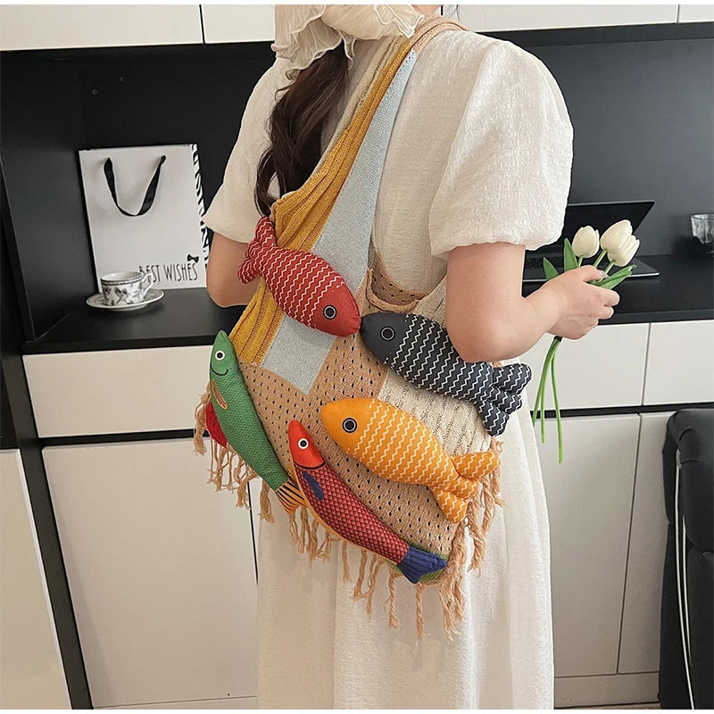 Creative 3D Fish Decoration Shoulder Bag | Fashionable Contrast Color Stitching Tote | Large Capacity Canvas Handbag with Animal Print | Soft Linen-Lined Casual Beach & Travel Bag Luxegan 