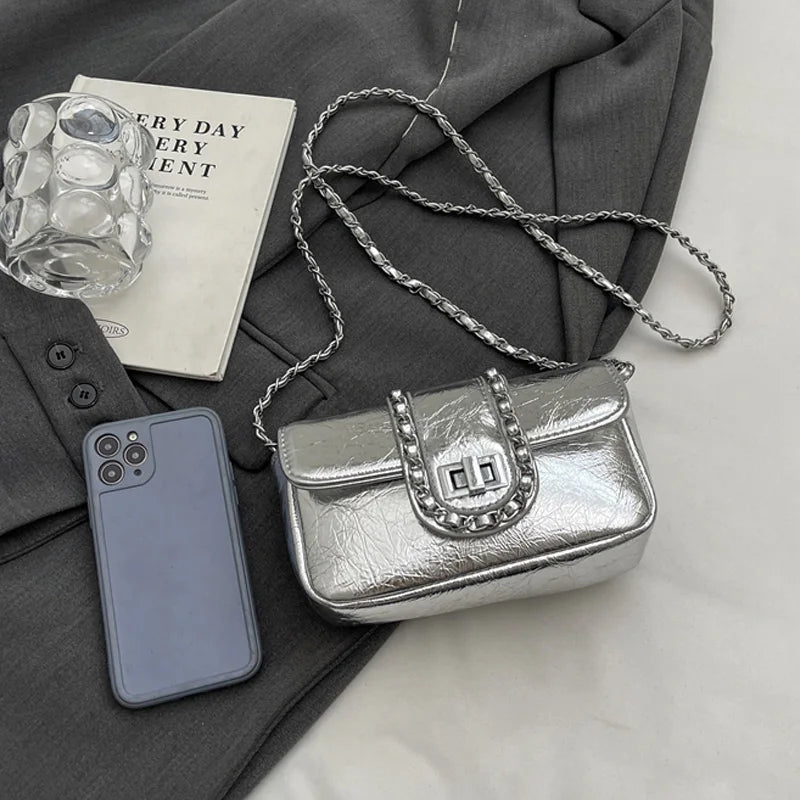 Silvery Luxury Handbags & Purse for Women | PU Leather Flip Messenger Shoulder Bag (Female Chain Crossbody Bag) Luxegan