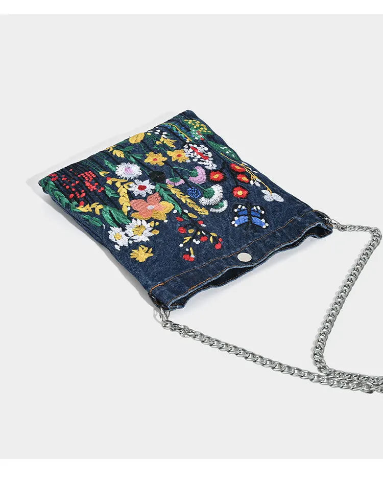 Embroidered Flowers Cowboy Shoulder Bag | Fashion Chain Ladies' Messenger Bag & Denim Handbag Luxegan