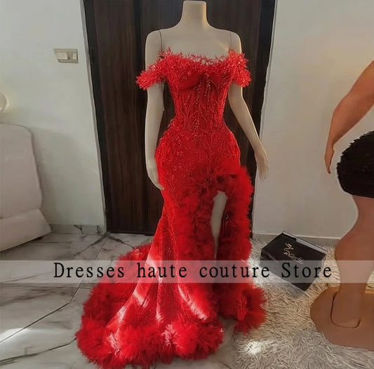 Luxury Pink Diamond Prom Dress | African Women's High Slit Formal Wedding Gown | Exquisite Crystal Beaded Ruffle Evening Dress | Premium Mermaid Floor-Length Sleeveless Robe with Built-in Bra Luxegan