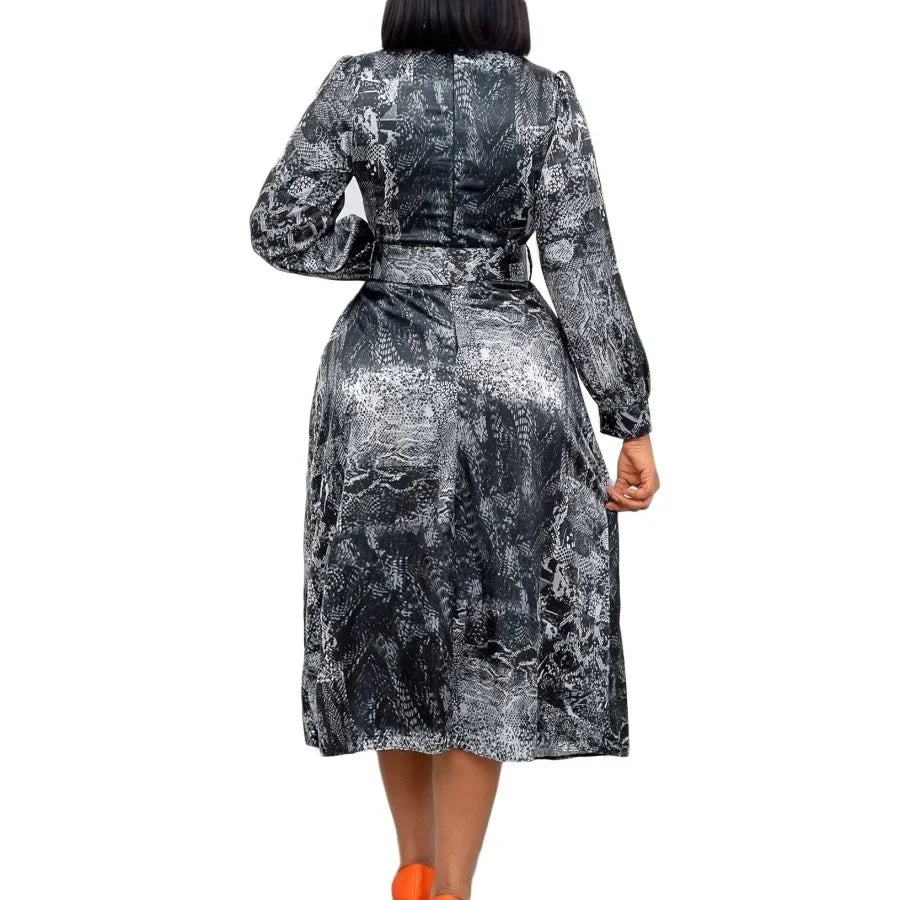 Elegant Vintage Dresses for Women Bow Collar Full Sleeve Belt Waisted A Line Mid Calf Birthday Party Dinner Vestidos Mujer Dress