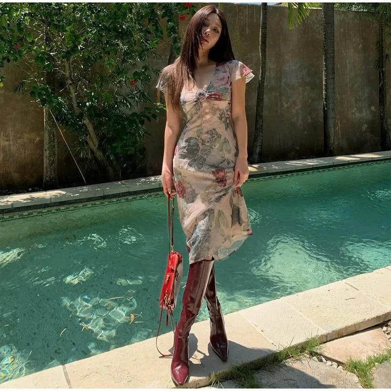 Flutter Sleeves Slim Long Dress Women Casual Pleated Deep V-neck Floral Print High Waist Dresses 2026 Lady Summer Holiday Wear