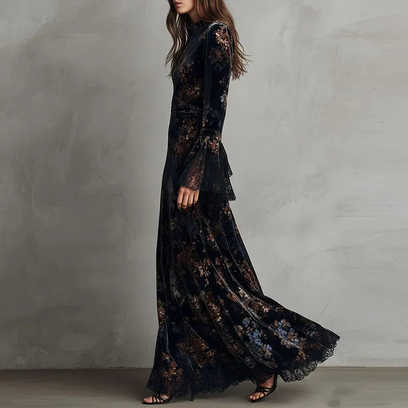 Printed Petal Sleeve Mermaid Maxi Dress – Crew Neck, Empire Waist, Autumn/Winter Luxegan