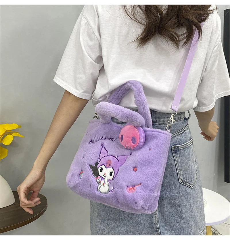 Kawaii Hello Kitty Plush Shoulder Bag | My Melody Cinnamoroll Kuromi Cute Cartoon Anime Handbag (Soft Storage Bag for Women & Girls) Luxegan