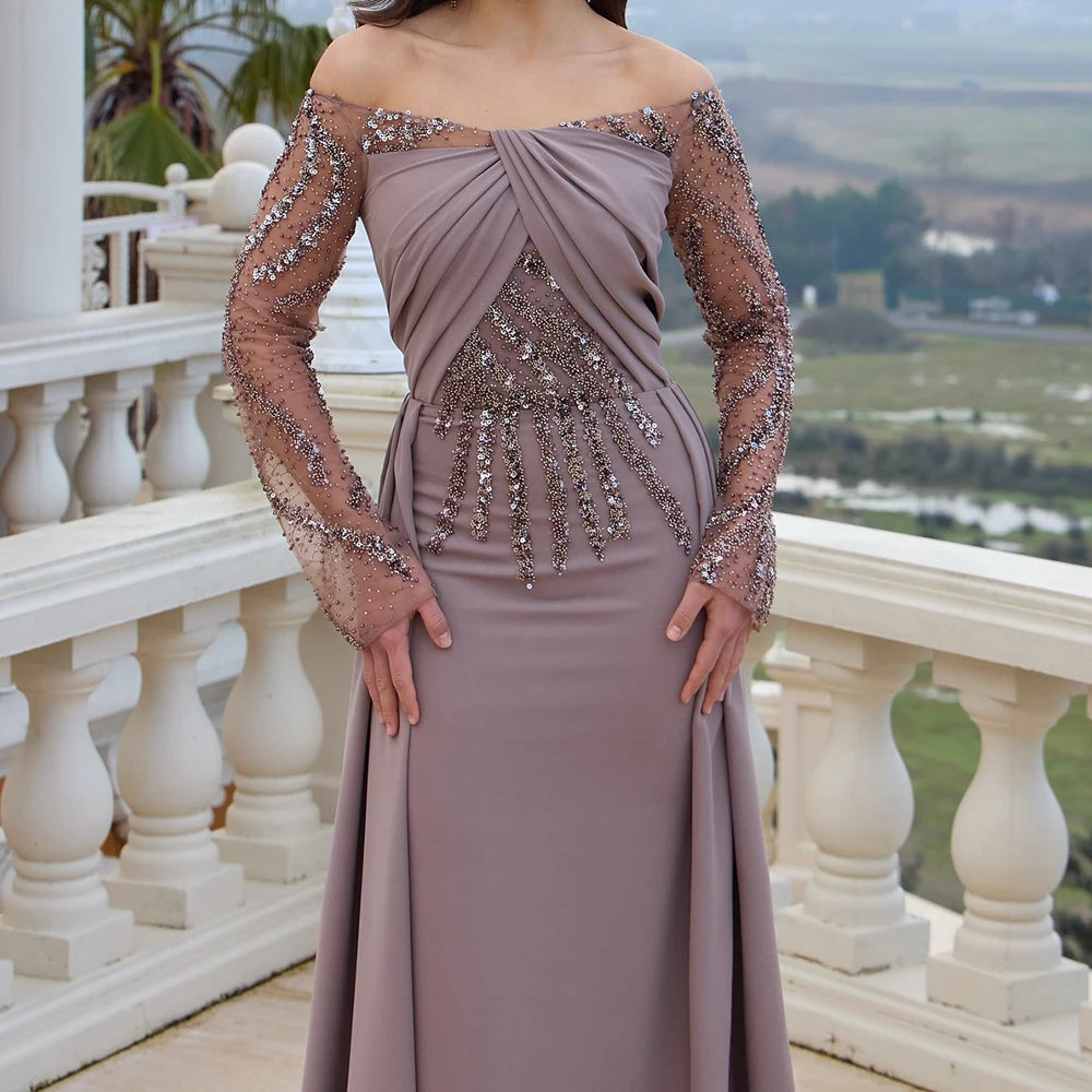Sequined Pleat A-Line Prom Gown | Off-Shoulder Full Sleeve Floor-Length Evening Dress Luxegan
