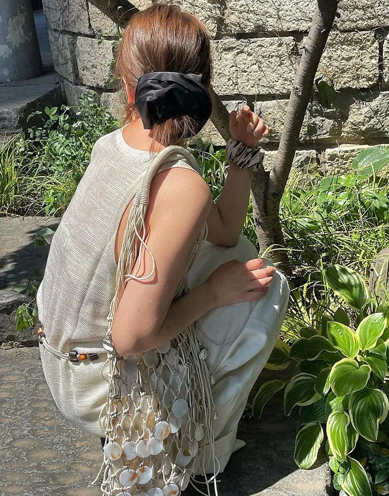 Handmade Woven Shell Bucket Bag | Sophisticated "Wooden Handle" Silhouette | Elegant Embroidery Tassel Handbag | "Dignified" High-Performance Cotton Essential for Radiant Versatile Styling Luxegan