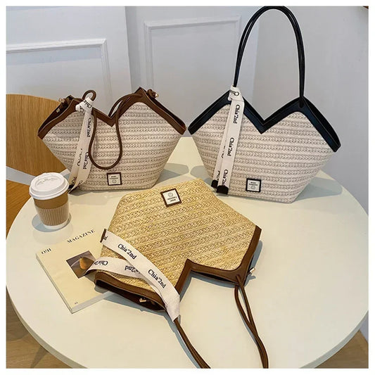 Vintage Handmade Woven Straw Beach Bag | Sophisticated Raffia Circle Rattan Shoulder Bag | Bohemian Summer Vacation Handbag | Fashion-Forward TPU & Polyester Casual Tote Luxegan