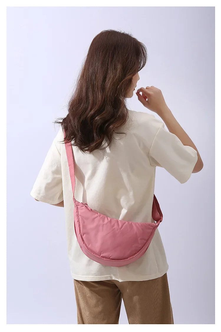 Simple Solid Color Nylon Padded Crossbody Bag | Portable Female Travel Purse & Shoulder Handbag (Messenger Style) Luxegan