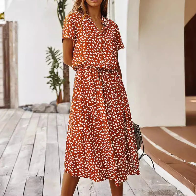 Polka Dot Short Sleeve A-Line Dress – Button Front, Knee-Length, Summer Casual Luxegan