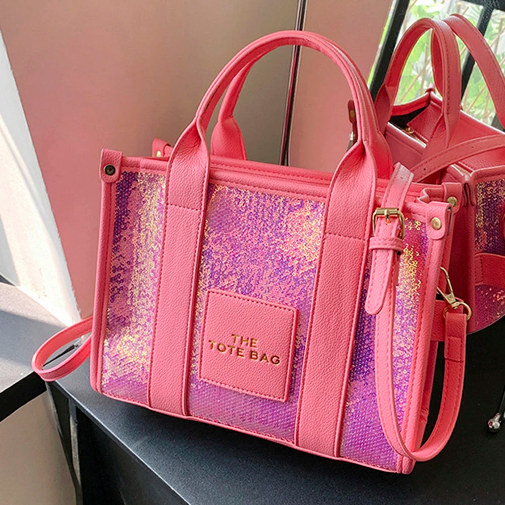 Women’s Shiny Sequin Shoulder Bag | Fashionable PU Leather Top-Handle Tote | Casual Portable Shopper with Adjustable Straps Luxegan