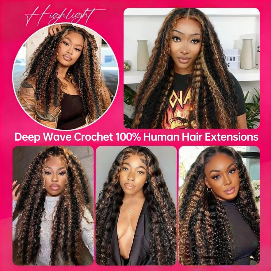 4/27 Highlight Deep Wave Crochet Human Hair Extensions | 100% Remy Brazilian Hair | 14–24 Inches Luxegan