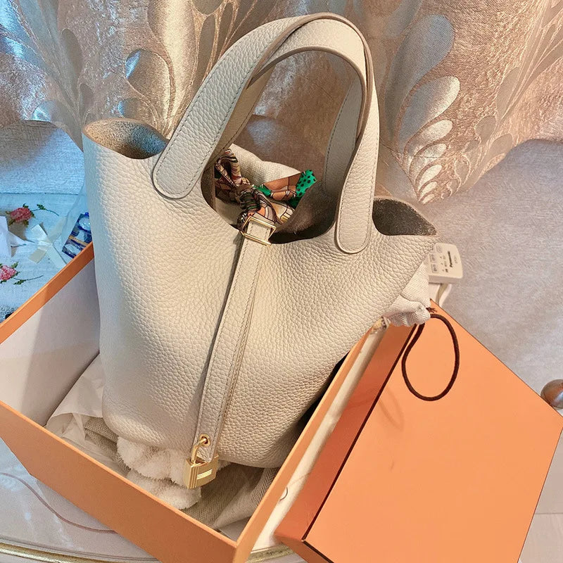 Stylish Bucket Shopping Tote Bag for Women | Soft PU Litchi Pattern Handbag with Lock & Small Horse Scarf (Classic, Versatile) Luxegan