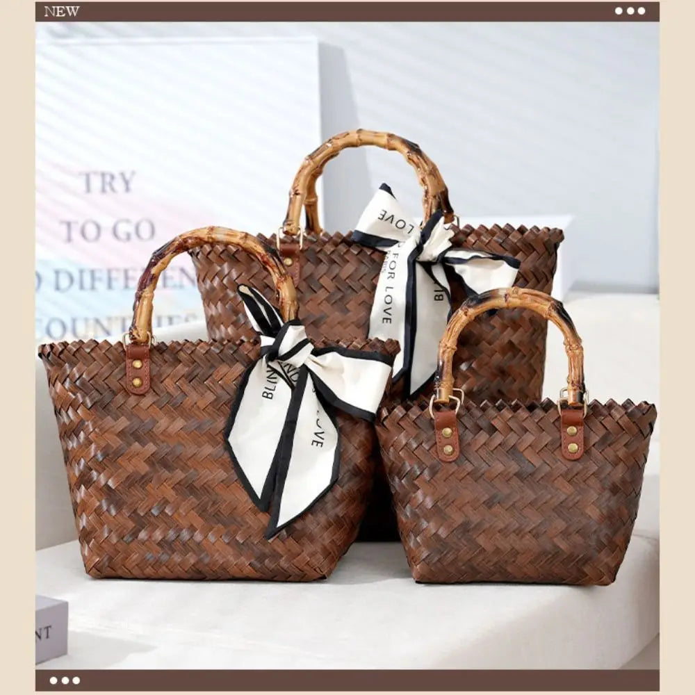 Women's Woven Large Capacity Bamboo Handle Handbags | Crochet Bag & Casual Female Shopping Tote (Vacation Beach Bag) Luxegan