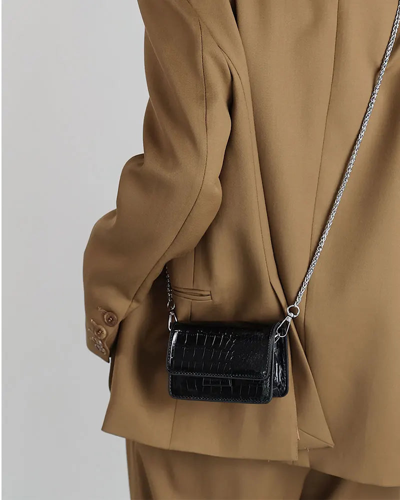 Summer Patent Leather Chain Mini Handbag | Women's Silver PU Crossbody Bag | HARD Fashion Square Buckle Lipstick Purse Luxegan