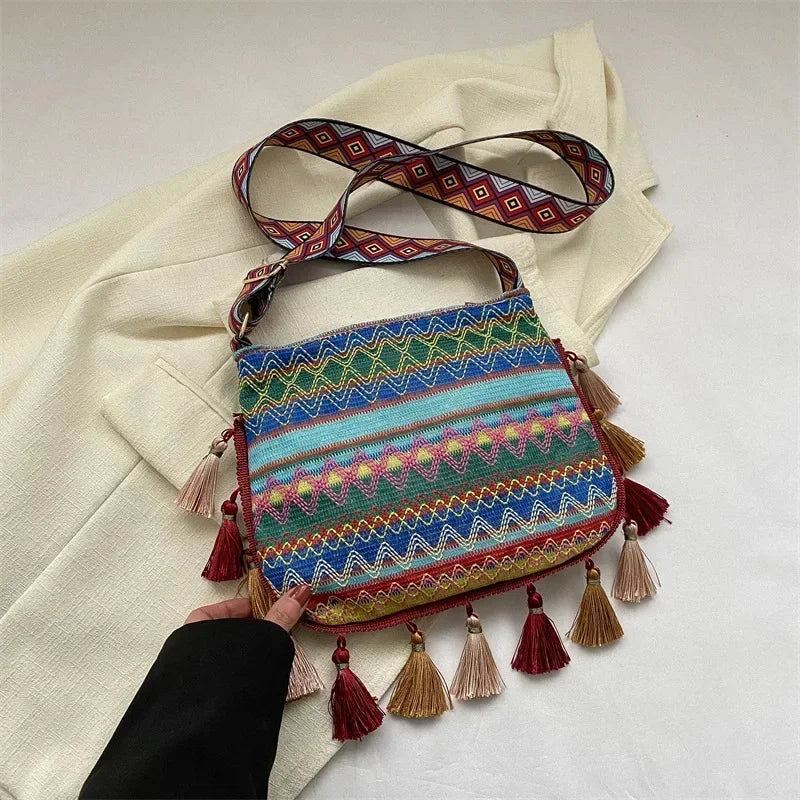 Vintage Tassel Ethnic Crossbody | Sophisticated Handwoven-Look Shoulder Bag | Elegant "National" Style Hippie Sling | "Dignified" Soft Square Handbag for Versatile Bohemian Flair Luxegan