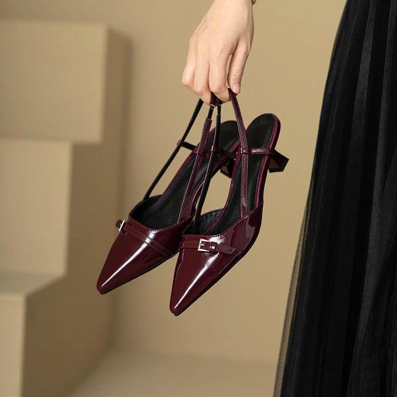 French Wine Red Pointed Sandals | Sophisticated Patent Leather Mid-Heels | Elegant "Summer Retro" Skinny Heel Pumps | "Dignified" Back Empty Mary Janes for Radiant Versatile Styling Luxegan