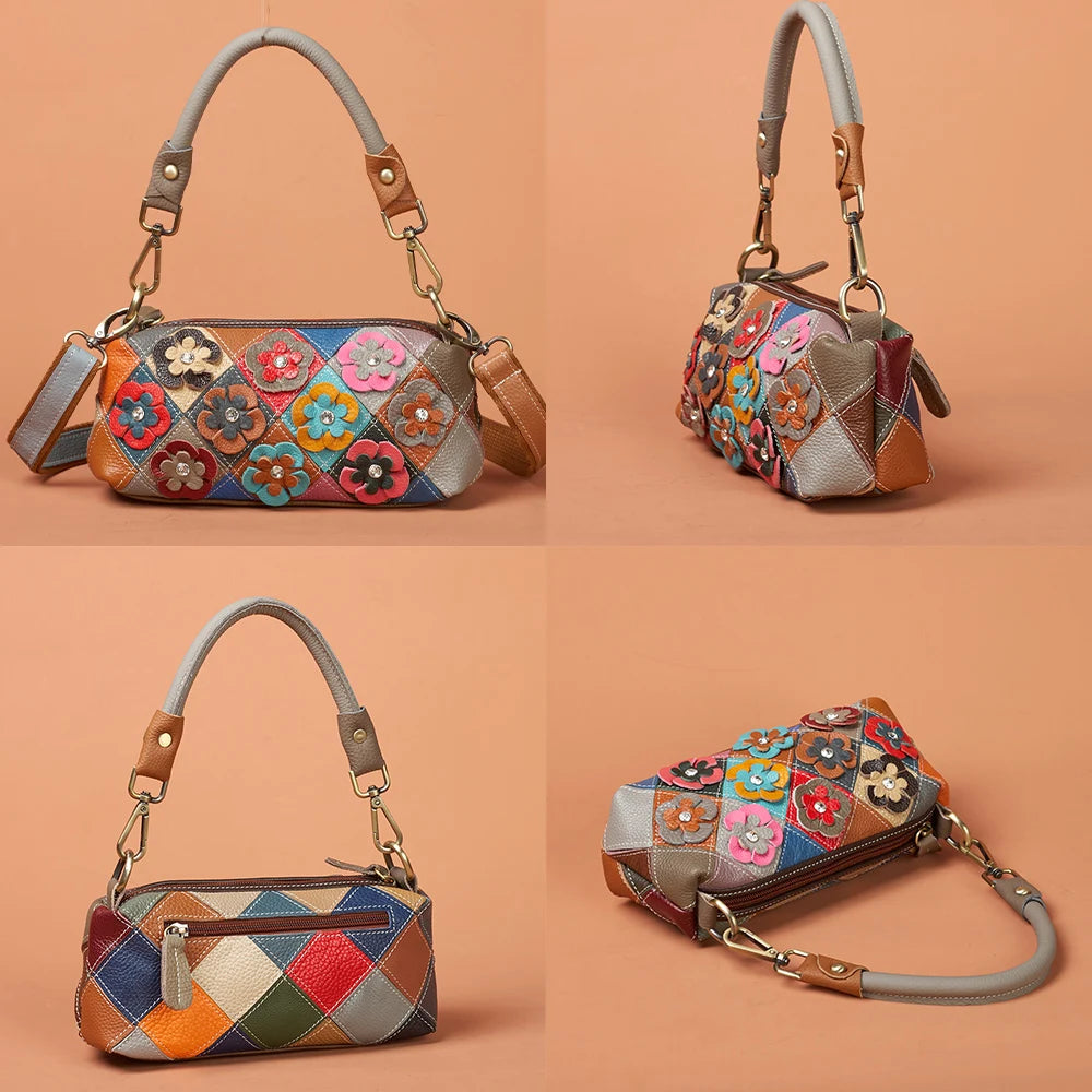Handmade Genuine Leather Women’s Small Shoulder Bag | Ethnic Floral Patchwork Shell Bag | National Style Genuine Leather Crossbody with 2 Interchangeable Straps Luxegan