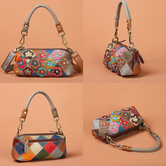 Handmade Genuine Leather Women’s Small Shoulder Bag | Ethnic Floral Patchwork Shell Bag | National Style Genuine Leather Crossbody with 2 Interchangeable Straps Luxegan