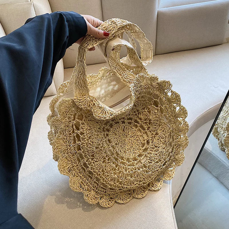 Summer Round Woven Straw Bag | Sophisticated Hollow-Out Handle Rattan Tote | Elegant Circular Beach Shoulder Bag | "Dignified" Soft Knitted Shopper for Versatile Vacation Styling Luxegan