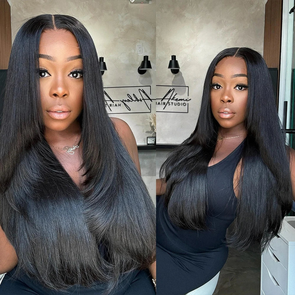 Long Bone Straight Transparent Lace Wig - Half Machine-Made & Half Hand-Tied Swiss Lace Frontal Wig - 1Piece Glueless Straight Long Wig for Women (26+ Inch, Natural Color) Luxegan